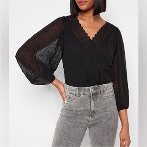 Express Black Eyelet Trim Faux Wrap Thong Bodysuit